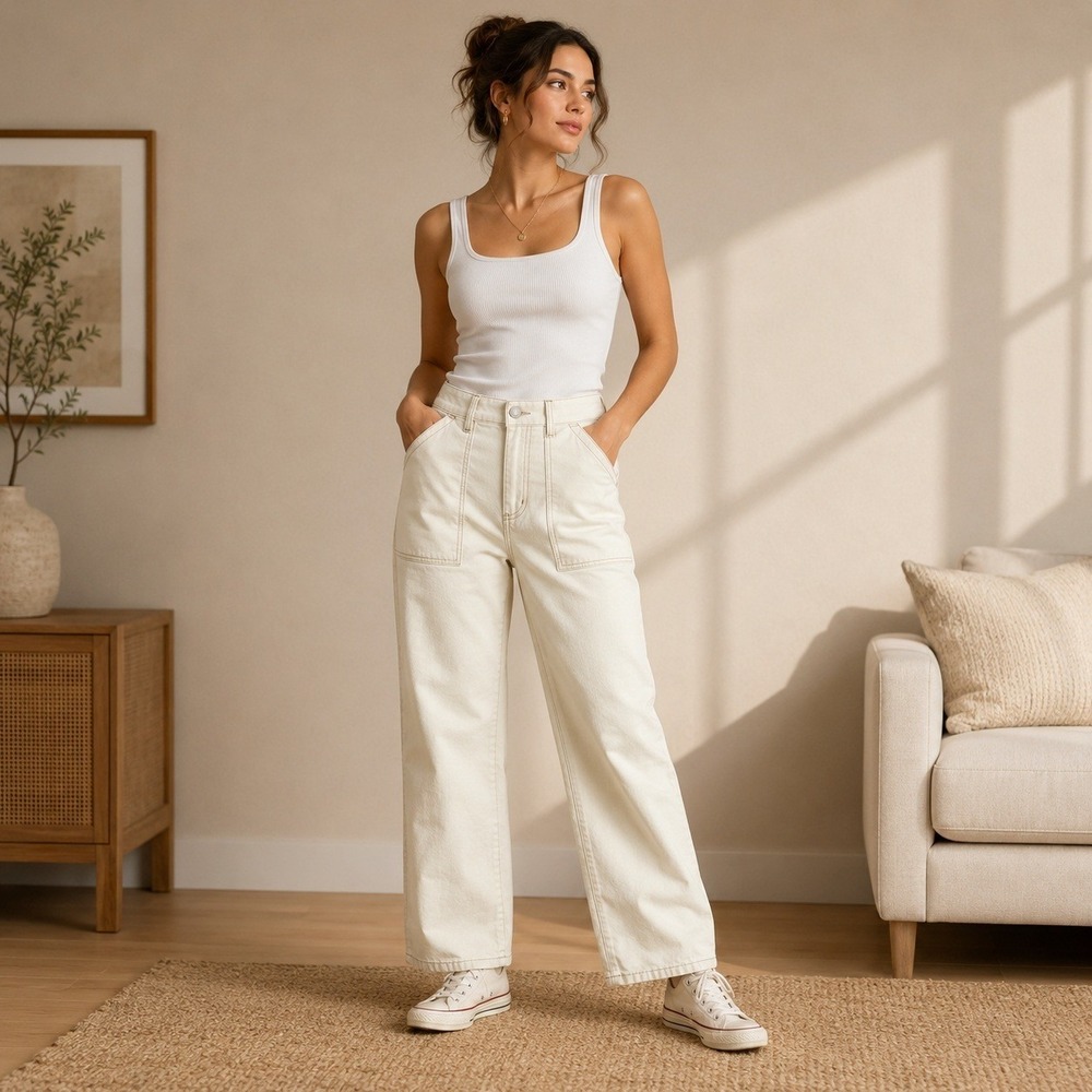 Time and Tru Womens High Rise Relaxed Fit 18 Pants Cream Off White Wide Leg